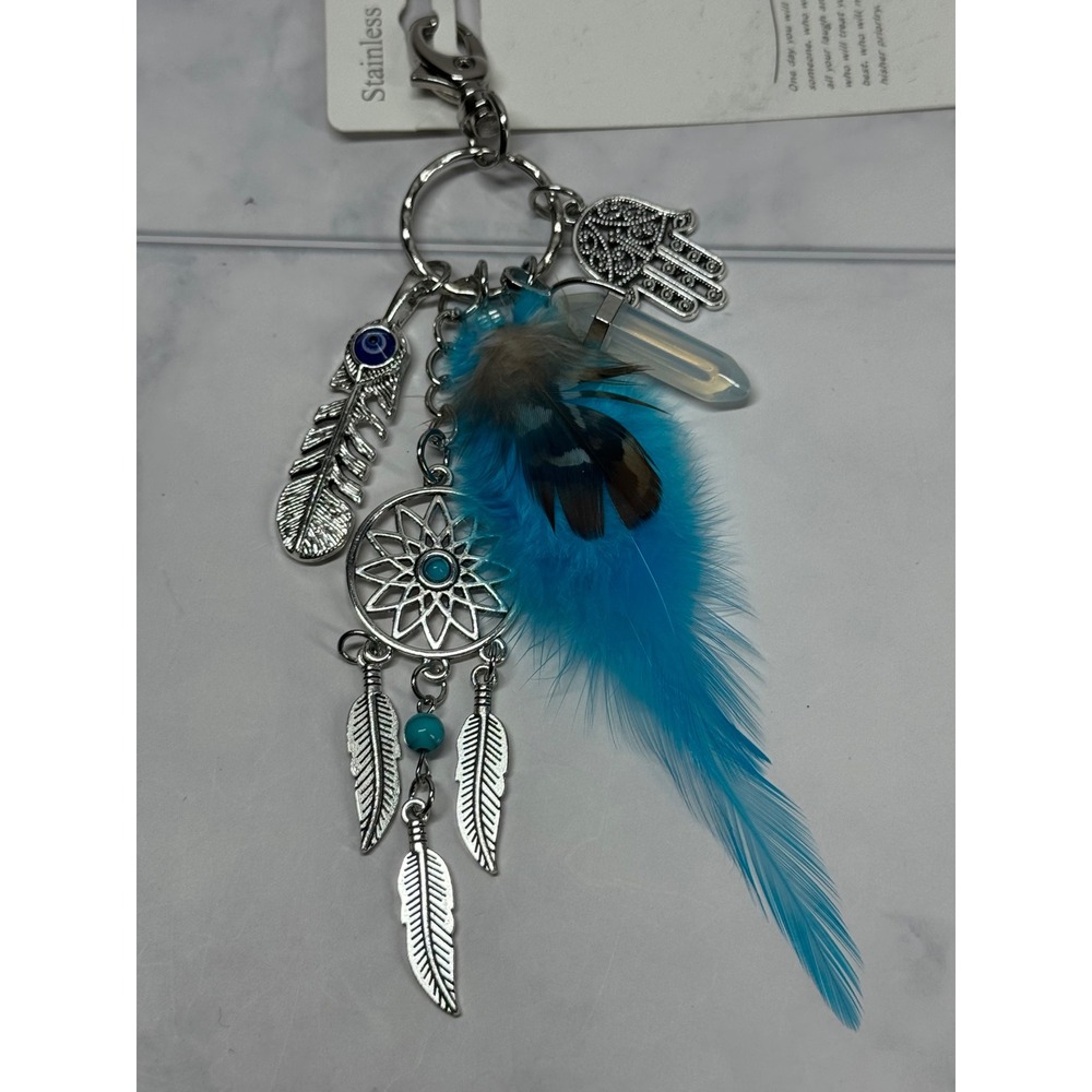 Boho Blue Feather Dreamcatcher Keychain Hamsa Evil Eye Crystal Stainless NWT